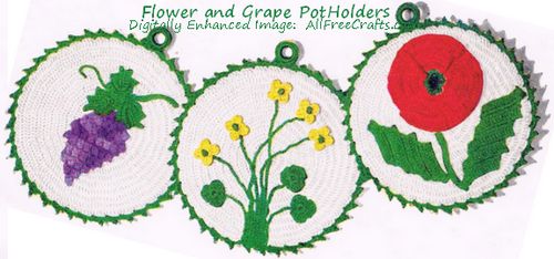 buttercup, flower, and grape crocheted potholder set