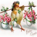 chick carrying eggs and flowers