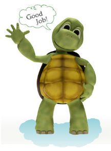 cartoon turtle waving and saying "Good Job"