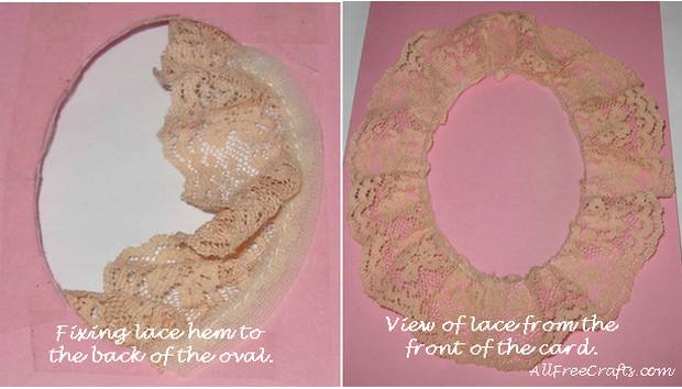 attaching lace to oval greeting card