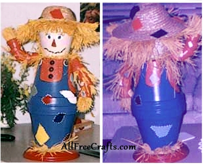 front and back view of a homemade clay pot scarecrow