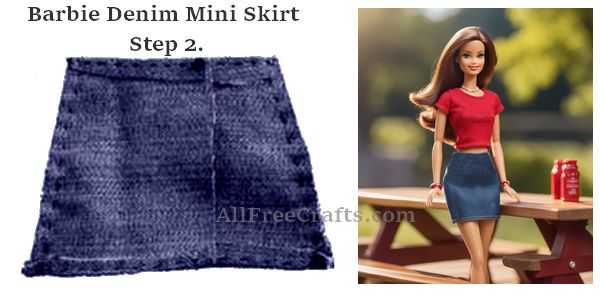 sewing the hem around a Barbie mini skirt