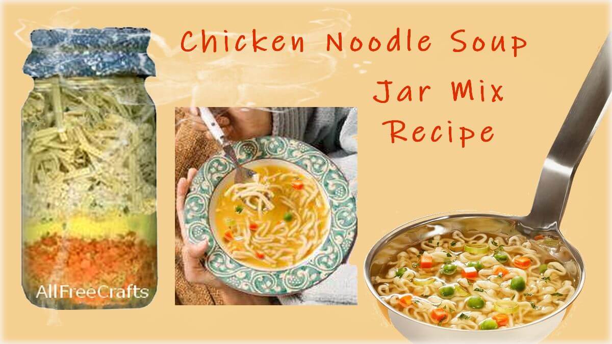 chicken noodle soup in a jar with ladle and soup in a bowl