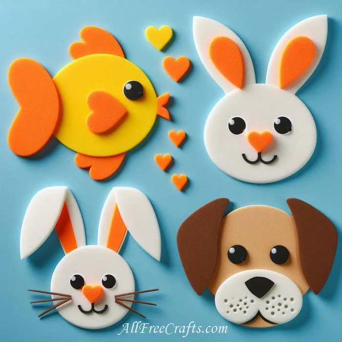 fish, 2 bunnies, and puppy face made from craft foam shapes