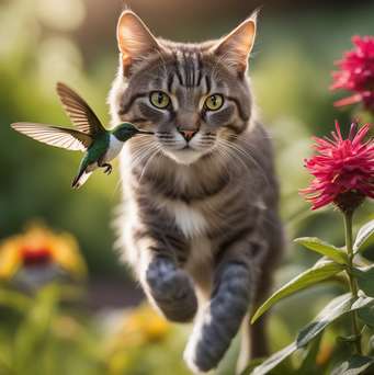 cat stalking a hummingbird - AI 