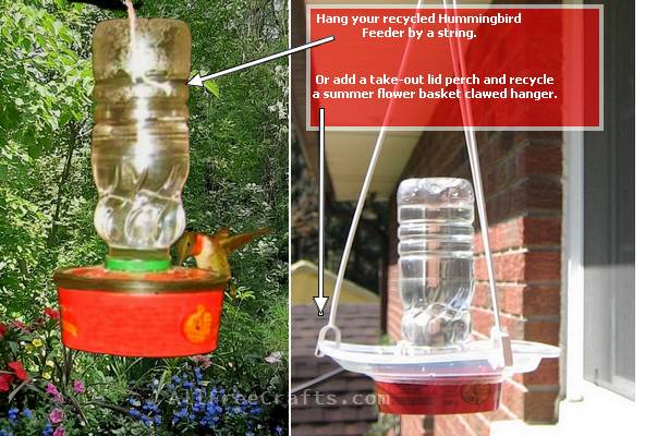 two ways of hanging a recycled hummingbird feeder