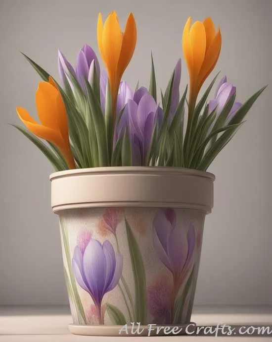 pretty pot of flowering crocus with  crocus motifs decoupaged on the pot 