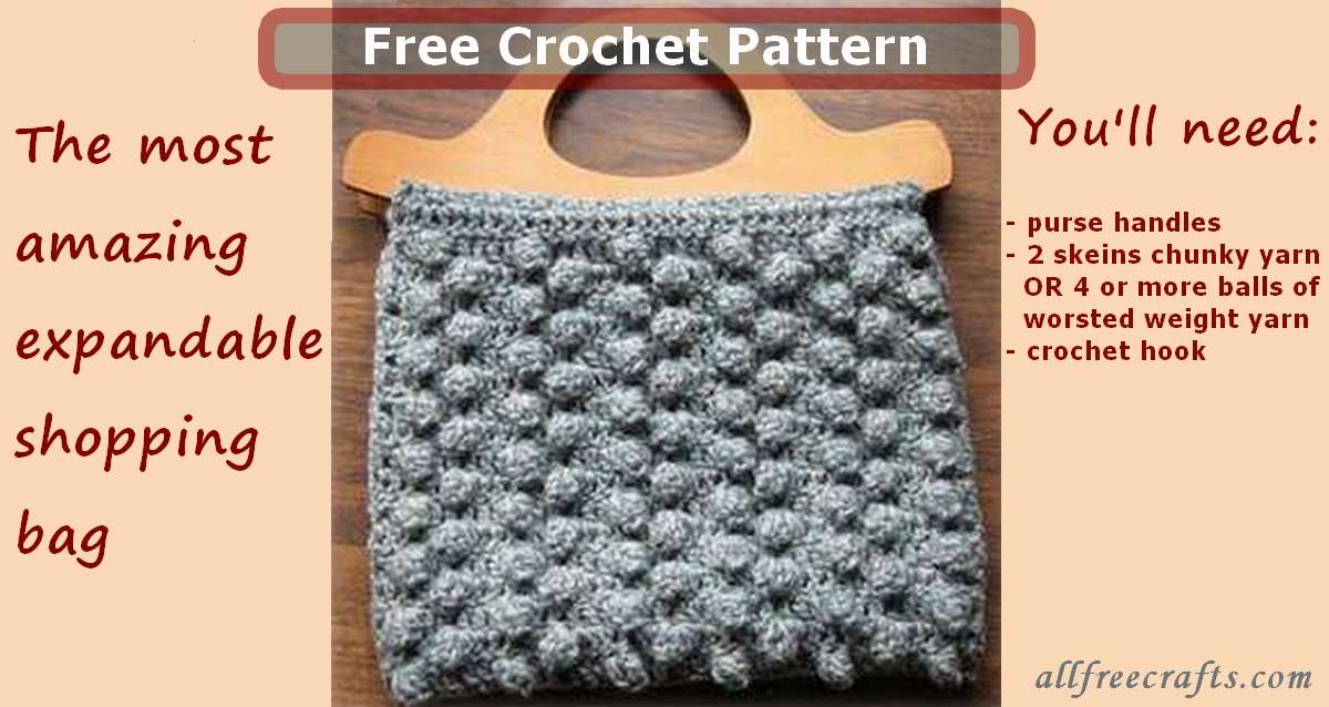 crocheted bag with wooden handles and bobble stitch crochet