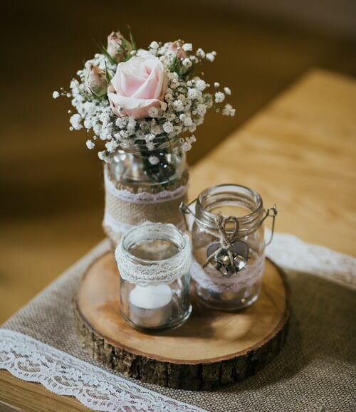 lace and burlap decorated candles