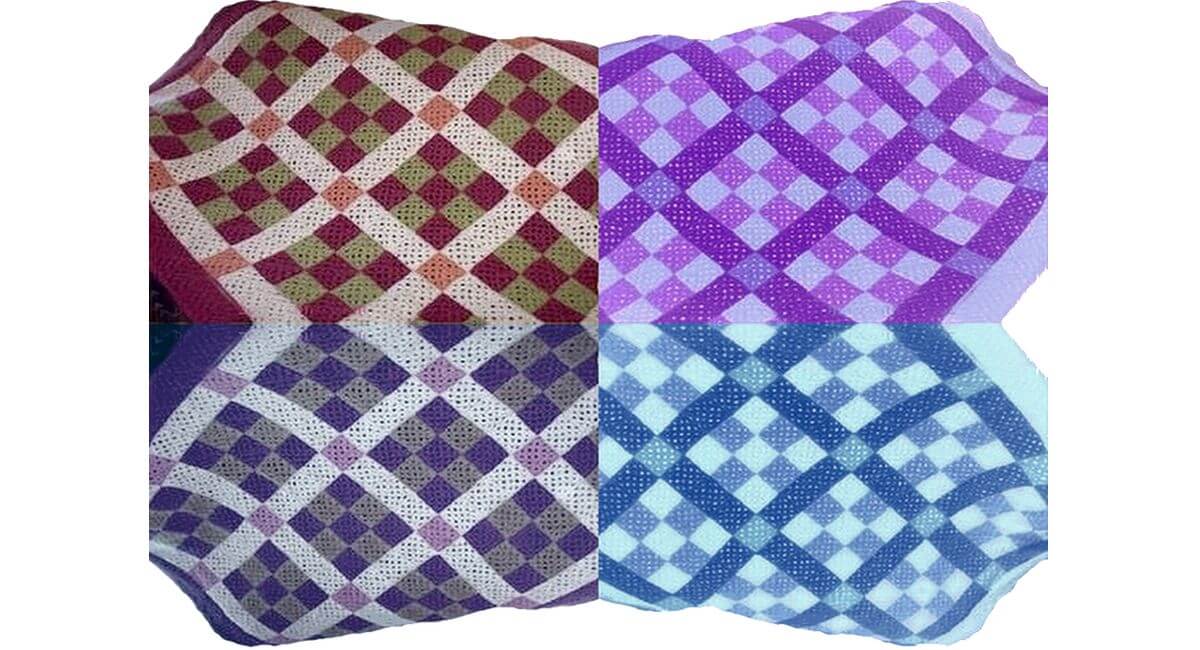 9 patch crocheted afghan in different color combinations