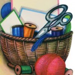 sewing basket with scissors and thread