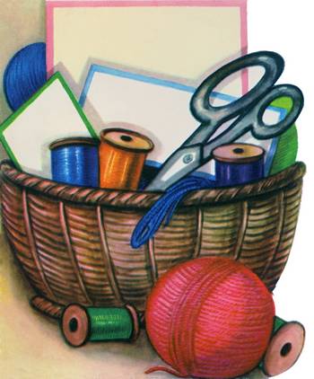 sewing basket with scissors and thread