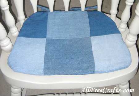 close up of patchwork denim chair pad