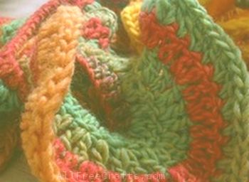 close up of crochet on spiral scarf