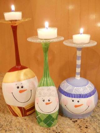 wine glass snowman candle holders