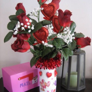 Valentine roses bouquet in coffee mate creamer bottle