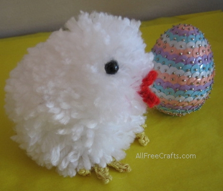 Easy to make vintage pompom chick with optional sequined egg.