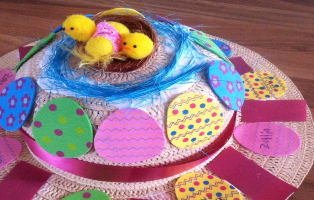 girl's Easter bonnet with egg stickers