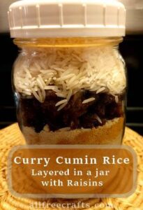 curry cumin raisin rice mix layered in glass jar