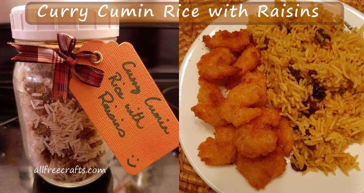 curry cumin rice with raisins in a jar and cooked, on a plate