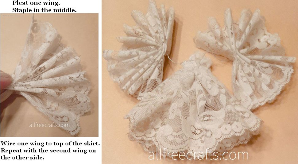 Pleated lace wing and next step in attaching wings to angel dress.