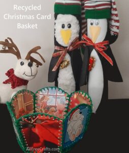 Some free Christmas craft projects - paper towel penquins and recycled Christmas card basket