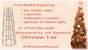 empty tomato cage and completed tomato cage Christmas tree