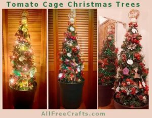 three views of a fully decorated tomato cage Christmas tree