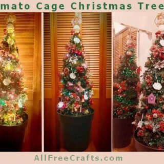 three views of a fully decorated tomato cage Christmas tree