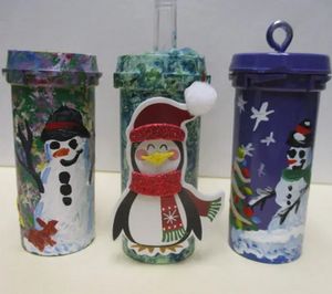 snowman and christmas ornaments made from pill bottles