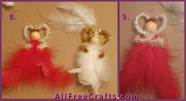 adding feathers to pipe cleaner angel