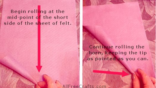 rolling a felt sheet to make a unicorn horn