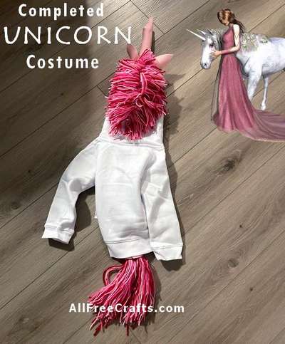 completed unicorn costume with hoodie, felt horn and ears, yarn mane and tail