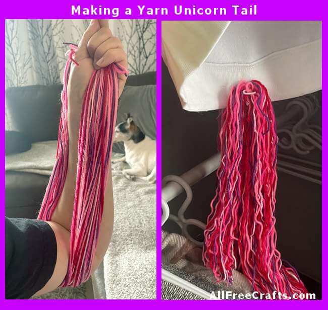 winding yarn around your arm to make a unicorn tail