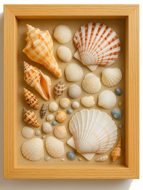 artfully arranged seashell collection in a shadow box