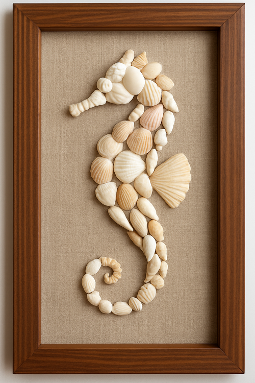 seashells arranged in a seahorse shape inside a shadow box